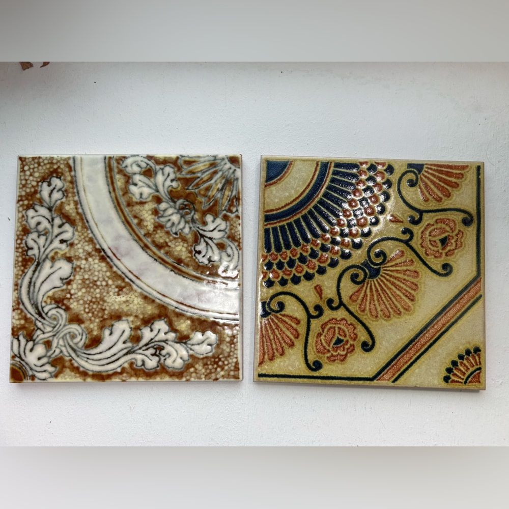 Vintage Italian tiles ceramic brown tan decorative flower shell pottery lot of 2